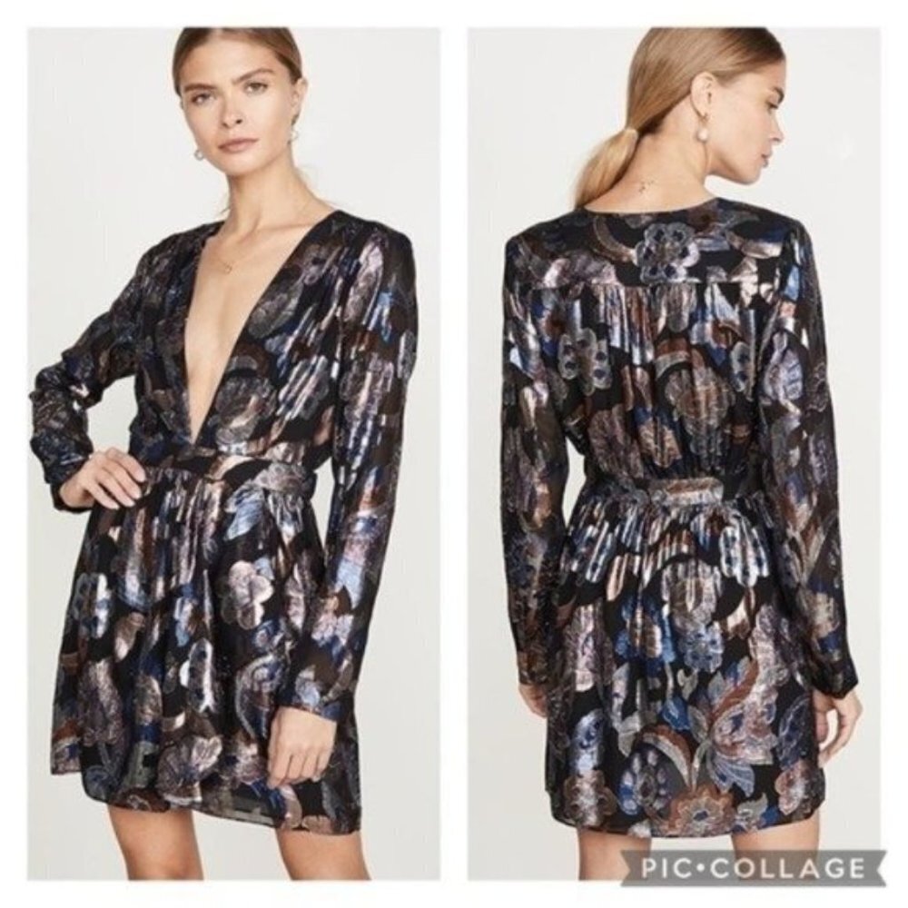 Ramy Brook Metallic Jacquard Shaina Dress 10 Long sleeve lined floral multicolor